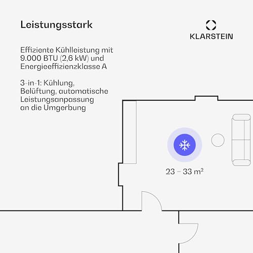 Klarstein Breeze Box 9K Klimaanlage – 9000 BTU, für Räume bis 32 m², Smart App & Sprachsteuerung, 3-in-1: Kühlen, Entfeuchten, Ventilator, Energieeffizienz A, mit Abluftschlauch & Fensterdichtungsset.