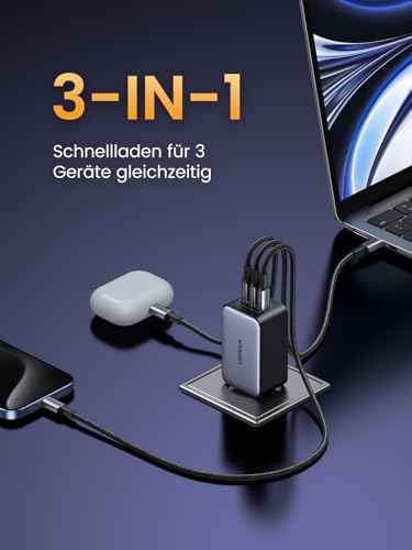 UGREEN Nexode 65W USB C Ladegerät, 3-Port, GaN Netzteil, PPS Charger 60W