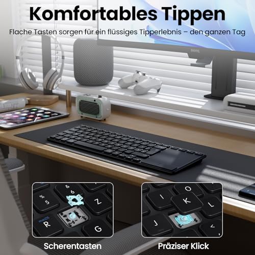 Bnnwa Wiederaufladbare Kabellose Bluetooth Tastatur mit Touchpad,DE QWERTZ | Bluetooth & 2.4GHz Dual,Multi-Device Tastatur mit Touch Trackpad für Smart TV/PC/Laptop/Tablet,iOS/Android/Windows
