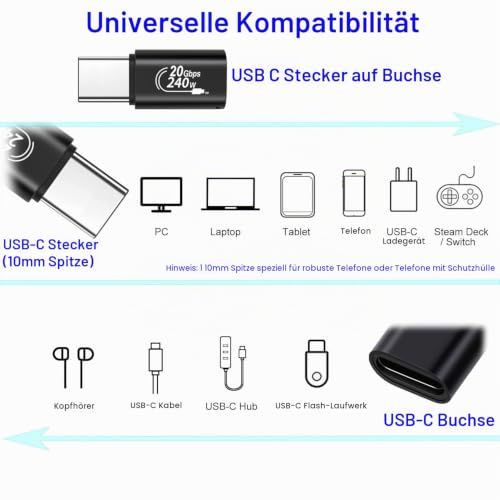 USB-C Stecker 10mm auf USB-C Buchse Adapter, 240W PD, 20Gbps, 4K Video | für iPhone 17 Air,16 Pro Max,15 Plus,iPad Pro/Air,Galaxy S26 S25 S24 S23 Ultra,Pixel 10A 9 Pro 8A 8 und mehr USB-C Geräte