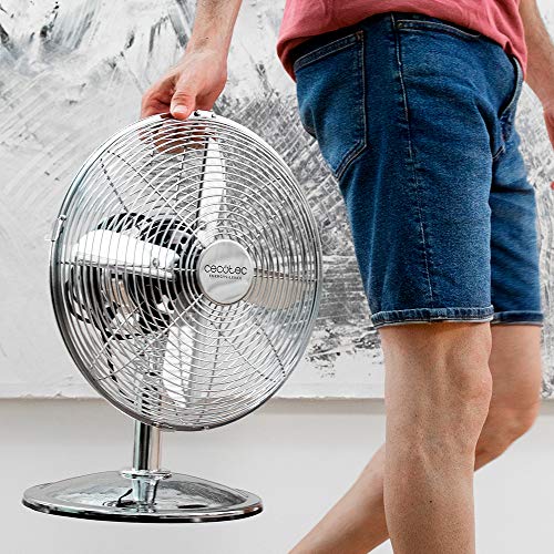 Cecotec Tischventilator EnergySilence 620 RetroDesk, 40 W | 30 cm Durchmesser, 4 Aerodynamikflügel, 3 Geschwindigkeiten, Oszillation, Chrom-Design
