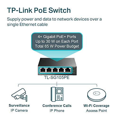 TP-Link TL-SG105PE 5-Port Gigabit Managed LAN PoE Switch mit 4 PoE+ Ports (65 Watt, IEEE-802.3af/at, einfache Konfiguration, IGMP, QoS, VLAN, lüfterlos, Robustes Metallgehäuse) Schwarz