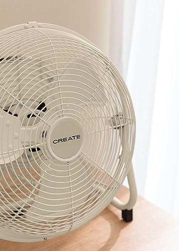 CREATE / AIR FLOOR RETRO/Industrieller Bodenventilator/Cremeweißer Ventilator, 12 Zoll, starker Luftstrom, 3 Geschwindigkeiten, leise, leicht, rutschfeste Standfüße.