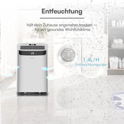 BE COOL mobiles Klimagerät 14000 BTU mit Heizung & WLAN, 4 in 1 Klimaanlage mit Entfeuchter und Ventilator, für Räume bis 48 m², Fernbedienung, Timer, Alexa & Google Assistant, grau