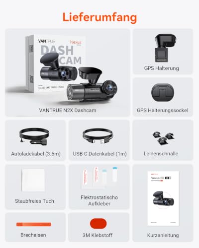 VANTRUE N2X 2.7K+1080P Dashcam Auto Vorne Innen, STARVIS 2 Dual Nachtsicht | 2.5K/60FPS Front Dash Cam, Dual HDR, 5GHz WiFi GPS, 24h Parküberwachung G-Sensor, Sprachsteuerung, DSGVO konform, max. 1TB
