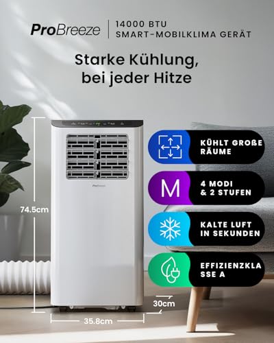 Pro Breeze Mobiles Klimagerät 14000 BTU – Klimaanlage mit Abluftschlauch, WiFi Smart Home Steuerung, 24h Timer, LED Display & Fensterabdichtung – Mobile Klimaanlage für Wohnung, Büro & Zuhause