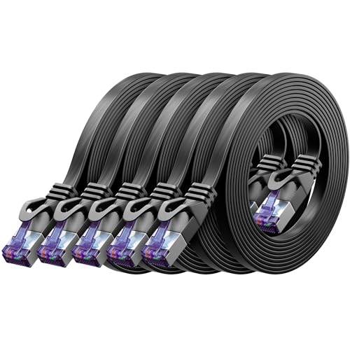 deleyCON 1m Flaches CAT7 Netzwerkkabel 10 Gbit/s, 5 Stück - Schwarz | Langes RJ45 Ethernet Patchkabel flach, Gigabit LAN, für Internet, Switch, Router, Modem und Patchpanel
