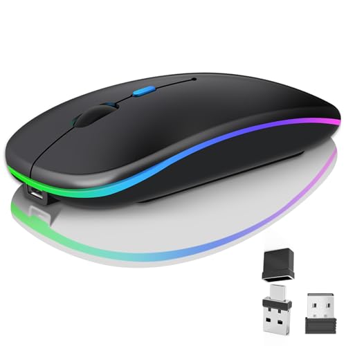 Kabellose Bluetooth-Maus für Laptop, wiederaufladbare Computer-Maus 2.4GHz Optisch (Bluetooth5.2+USB A+USB C)Duale Empfänger Mäuse-1600DPI LED Leiser Klick für Mac Laptop Tablet PC Computer,Schwarz