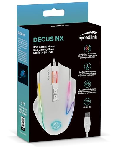 Speedlink DECUS NX - RGB Gaming Maus mit Kabel, bis 12800dpi, Programmierbar, Dauerfeuer Taste, USB kabelgebunden ummantelt, 1000Hz Pollingrate, weiß