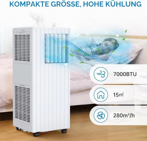 Tragbare Klimaanlage 7000 BTU Mit Fernbedienung, 3-in-1 Kühler Lüfter Entfeuchter, Kompakte Mobile Klimageräte Für Schlafzimmer Wohnung Büro, Inklusive Fensterkit, 280m³/h Luftstrom, 36L/Tag Entfeucht