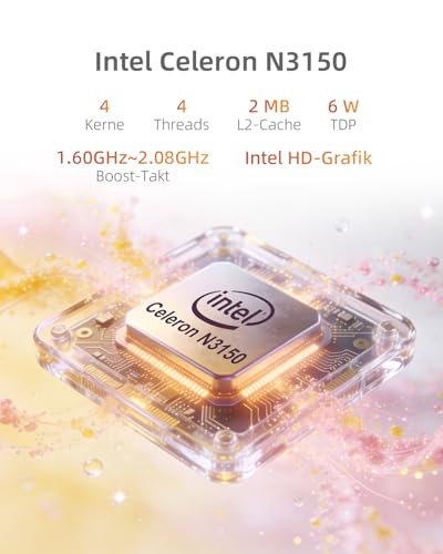 Mini PC mit Intel N3150 (Bis zu 2.08GHz, 4C/4T), 8GB RAM 256GB SSD Micro Computer mit Dual Volle Funktion Typ-C/4K Triple Display/WiFi 5/BT 4.2/USB 3.0 für Büro, Business