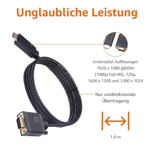 Amazon Basics HDMI-(Quelle)-auf-VGA-(Display)-Kabel, Unidirektional, Stecker auf Stecker, 1080P, Vergoldet, 1,8m, Schwarz (2er-Pack)