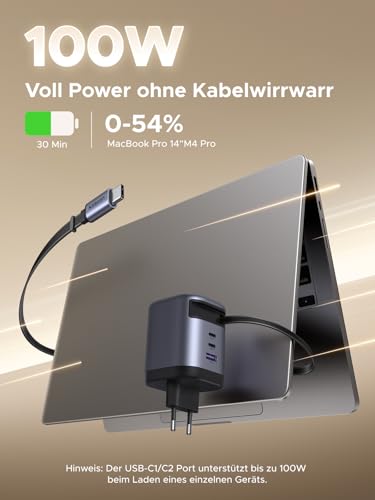 UGREEN Nexode 100W USB C Ladegerät mit 75cm Einziehbarem Kabel, 4-Port | GaN Netzteil, Retractable Charger mit Ladekabel für Laptop, kompatibel mit MacBook Pro/Air, iPhone 17-8 Serie, iPads