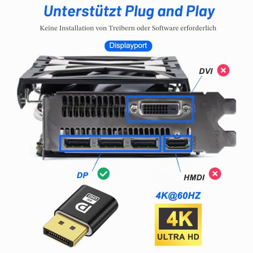 MEIRIYFA Display Port Headless Ghost Display Emulator, 4K DisplayPort Dummy Plug EDID Emulator Virtual Display Adapter für Krypto Mining, Remote Server, virtuelle Desktops (2PCS)