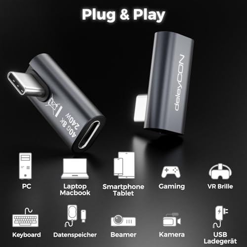 deleyCON USB-C Winkeladapter 90 Grad, 40Gbps, 240W, USB 4.0, Typ C, 2 Stück | 8K60Hz, Aluminium Gehäuse, Typ C Stecker auf Buchse, für Smartphone, Tablet, Laptop, Notebook, MacBook, PS5 usw.