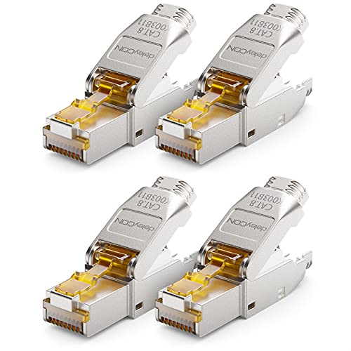 deleyCON CAT 8 Netzwerkstecker RJ45 werkzeuglos 40 Gbit/s, 4 Stück | Werkzeuglos, geschirmt, für starre Verlegekabel, Rohkabel, Steckverbinder RJ45 Ethernet LAN DSL Patchkabel