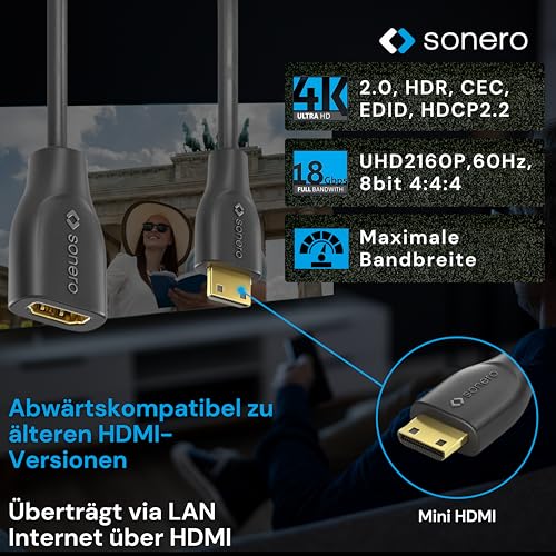 Sonero Mini HDMI auf HDMI Adapter, 4K Portsaver, C Stecker A Buchse, 0,15 m | Premium High Speed Adapter mit zweifacher Abschirmung und PVC-Mantel für stabile Bild- und Tonübertragung
