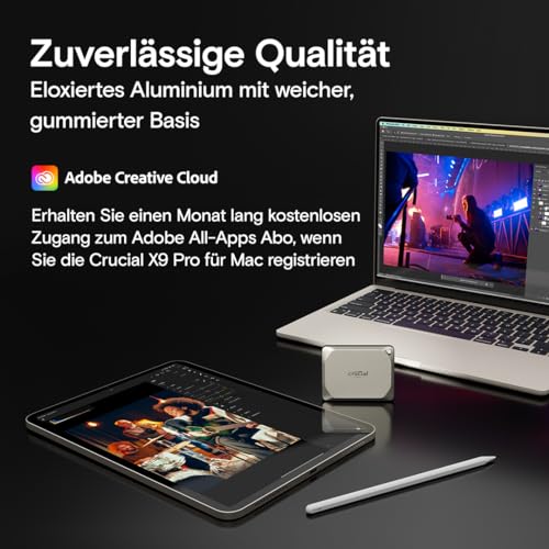 Crucial X9 Pro für Mac 1TB Externe SSD Festplatte mit USB-A Adapter, bis zu 1050MB/s Lesen/Schreiben, Mac Ready, Wasser- und Staubgeschützt (IP55), USB-C 3.2 Portable SSD - CT1000X9PROMACSSD9B02