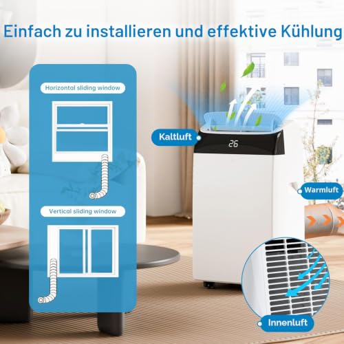 GarveeTech Tragbare Klimaanlage 12000 BTU, 4-in-1 Mobile Klimaanlage Ohne Außengerät Mit Kühlung/Entfeuchtung/Ventilation/Luftführung, Leiser Betrieb, Energieklasse A