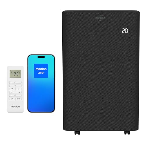 MEDION Smarte Mobile Klimaanlage mit Abluftschlauch P1202 (12000 BTU, mobil, inkl. Fensterabdichtung, bis 42m², 3in1 Kühlen Entfeuchten Ventilieren, App- und Sprachsteuerung, Schlafmodus