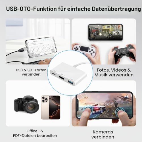 [Apple MFi-Zertifiziert] Digital AV Adapter Hub HDMI 1080P USB OTG | Für iPhone 14/13/12/11/X/8 & iPad Modelle, 1080P Full HD, USB OTG, Ladeanschluss, Spiegelung auf TV & Beamer