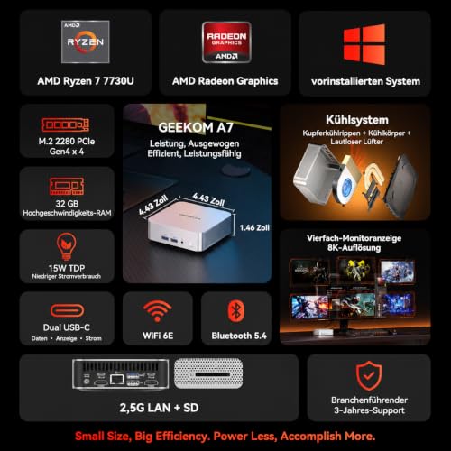 GEEKOM AI Mini PC A7 mit AMD Ryzen7 7730U(Übertrifft 7430U), 32GB & 500GB | Bis 64GB + 4TB, Leise Mini PC mit Dual 2.5G LAN, 4 Modus, SD-Slot, 8K, 3 Jahre Garantie, für Multitasking/Gaming