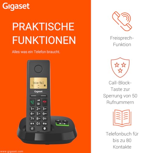 Gigaset Pure 220A - Schnurloses DECT-Telefon mit Anrufbeantworter - mit Call-Block-Taste und Freisprechfunktion - 80 Kontakten, anthrazit schwarz [Kompatibel in DE, IT, FR, NL, BE, Che, AUT]