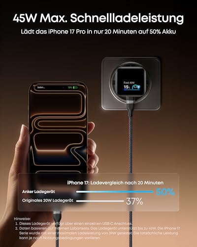 Anker Smart Ladegerät, Anker Nano 45W USB C Ladegerät mit Display GaN