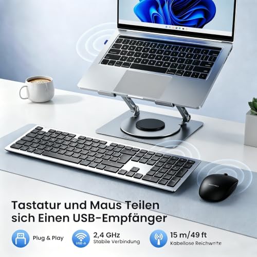 TECKNET Tastatur Maus Set Kabellos, 2.4G Wiederaufladbare Maus und Tastatur