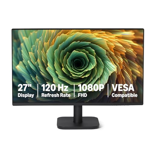 Amazon Basics 27 Zoll Computer Monitor, 120Hz, FHD 1080P Bildschirm für Büro und Zuhause, Adaptive Sync, HDMI, DP, VGA, VESA-kompatibel, Schwarz