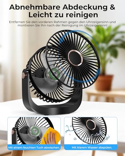 AICPAN Ventilator Leise - Tischventilator mit Nachtlicht，3000mAh USB Wiederaufladbarer Kleiner Ventilator, 5 Geschwindigkeiten, 360° verstellbare Neigung für Büro Schlafzimmer Zuhause, Schwarz