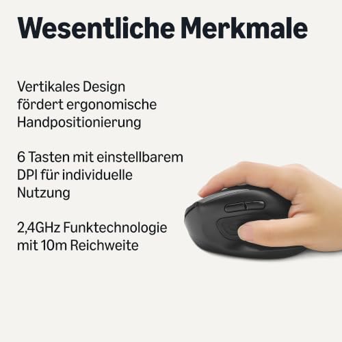 Amazon Basics Vertikale kabellose Computermaus für Laptop und Schreibtisch-PC, 6 Tasten, Rechtshänder, Geeignet für mittlere bis große Handflächen, Schwarz