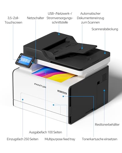 PANTUM CM2100ADW Farblaserdrucker Multifunktionsgerät, Drucker Scanner Kopierer 3in1 mit ADF, WLAN, Ethernet, USB, Automatischer Duplexdruck, 20ppm