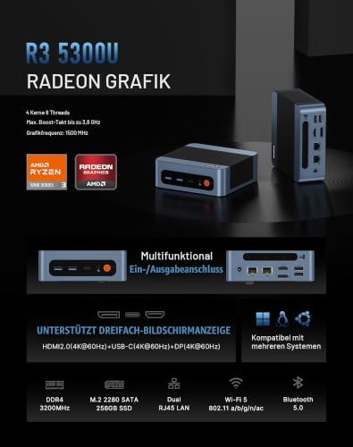 BOSGAME E5 Mini-PC Büro-Zuhause, Ryzen 5300U (übertrifft 4300U/N150, bis zu 3,8 GHz), 8 GB DDR4 RAM, 256GB SSD, Mini-Desktop-PC, 4K Triple Display, Dual 2,5G LAN, WiFi 5, BT5.0, Mini-Computer