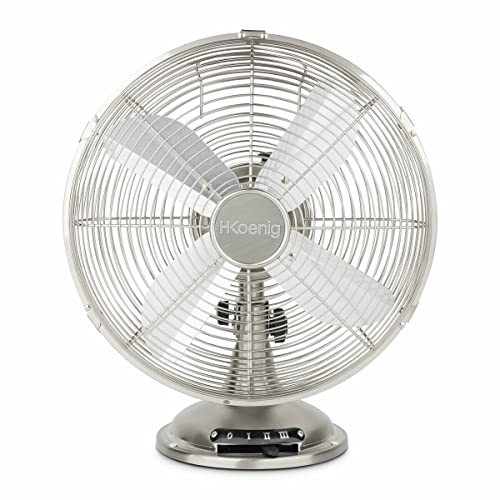 H.Koenig Elektrischer Tischventilator JOE48 Geräuschlos Metalldesign, 3 Geschwindigkeiten, Fest oder 90° Oszillation, Vertikal verstellbar, Rutschfester Fuß
