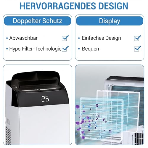 Thaookte Klimaanlage mobil 10000 BTU, 4-in-1: Kühlen, Entfeuchten, Ventilator & Nachtabsenkung, Energieklasse A++, R290, Fernbedienung, geräuscharm, ideal für Wohnzimmer, Schlafzimmer & Büro bis 45 m²