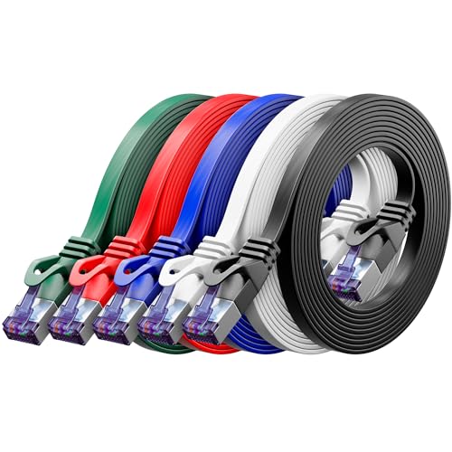 deleyCON 1m Flaches CAT7 Netzwerkkabel 10 Gbit/s, 5 Stück - Bunt