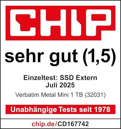Verbatim Metal Mini Portable SSD 1TB USB 3.2 Gen2 2000MB/s Externe SSD | Metal Portable SSD 1 TB, bis zu 2000 MB/s lesen, 1750 MB/s Schreiben, USB 3.2 Gen 2 für PC, Mac, Smartphone und Spielekonsole