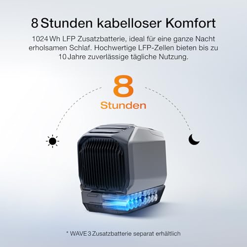 ECOFLOW WAVE 3 Tragbare Klimaanlage, 1800 W/6100 BTU Kühlen, 2000 W/6800 BTU Heizen, 1000 W Schnellladen (75 Min.), 8 Std. Akkulaufzeit, App-Steuerung, Mobile Klimaanlage für Camping, Wohnmobile, SUVs