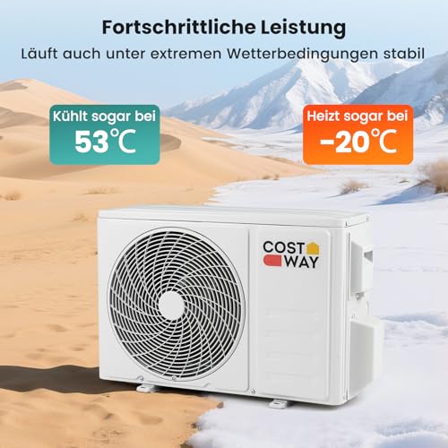 COSTWAY 9000BTU Split Klimaanlage, Klimageräte mit Heizfunktion 2,6kW, Air Conditioner Wandhalterung inkl. Kupferleitung, Kältemittel R32, sehr leise für Räume bis zu 42m³