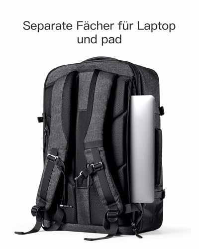 Inateck 38.5-46.2L Reiserucksack Erweiterbarer Handgepäck Rucksack,Schwarz | Spritzwassergeschütztes Carry on Kabinenrucksack Flugzeug Backpack, Herren Damen für 15.6 Zoll Laptop, Weekender,Business