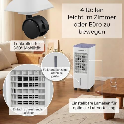 Klimagerät ohne abluftschlauch | 4 L Top Fill Wassertank | Luftkühler mit Kühlakkus - 3 Geschwindigkeiten | Mobiles Klimagerät mit Oszillation | ohne Fernbedienung