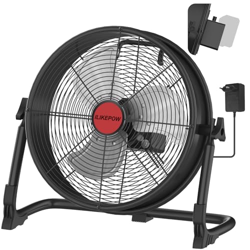 ILIKEPOW Akku Bodenventilator kompatibel mit Milwaukee 18V Akku, 12 Zoll Kabelloser Ventilator Leise, Netzteil, 2 USB Ladeanschluss, Stufenlos Regelbar für Baustelle, Werkstatt, Camping (ohne Akku)