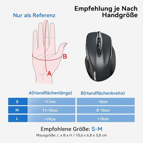 TECKNET Bluetooth Maus, Wiederaufladbare Maus Kabellos(BT 5.0/3.0 + 2.4G) | DREI Modi, 4800 DPI, Ergonomische Leise Funkmaus für Laptops, Mac OS, Android, Windows, Grau