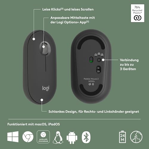 Logitech - Mouse Wireless - Pebble Mouse 2 M350s - Grafite - (910-007015) | Sondertasten, schlank, mobil, Easy-Switch - Windows, macOS, iPadOS, Android, ChromeOS, Deutsches QWERTZ - Graphit