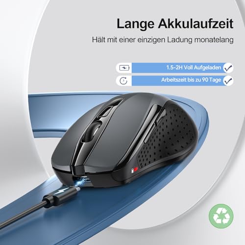 TECKNET Bluetooth Maus, Wiederaufladbare Maus Kabellos(BT 5.0/3.0 + 2.4G) | DREI Modi, 4800 DPI, Ergonomische Leise Funkmaus für Laptops, Mac OS, Android, Windows, Grau