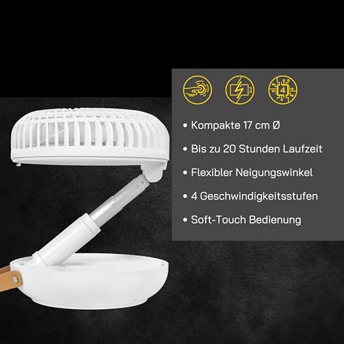 GUTFELS Tischventilator VENTI 3030 R, 17 cm Ø, nutzbar als Powerbank, USB Ventilator mit 10.000 mAh Akku, Touchbedienung, 4 Geschwindigkeiten, bis 100 cm Höhe