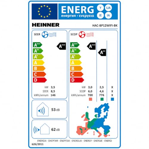 Heinner HAC-BP12WIFI-BK BlackPearl Split-Klimaanlage Schwarz, 12000 BTU, WiFi, Smart Inverter, A+++ Kühlung, A++ Heizung, Active Clean, Breeze Away, Cascade, ECO, 8°C-Heizfunktion, für 16–23 m²