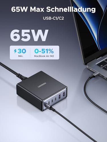 UGREEN 100W USB C Ladegerät 6-Port, 65W Desktop Ladestation, Laptop Charger | platzsparend für Schreibtisch, PPS Schnellladegerät, kompatibel mit MacBook Pro/Air, iPhone 17, Galaxy S26, Pixel 9, iPad