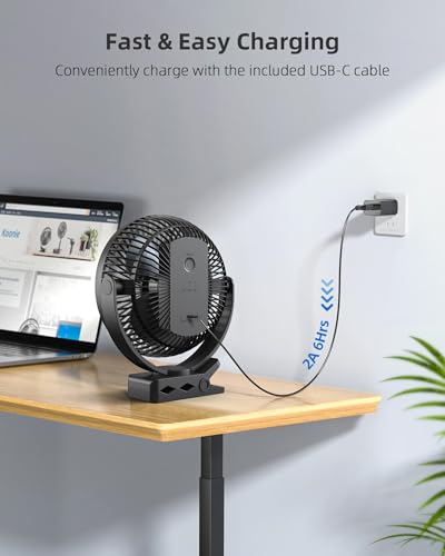 Koonie USB Clip Ventilator 10000mAh, 20cm Tragbar Wiederaufladbar, Schwarz | 4 Geschwindigkeiten, 360° Drehung, wiederaufladbar, leise, starker Luftstrom, für Zuhause, Büro, Kinderwagen, Camping